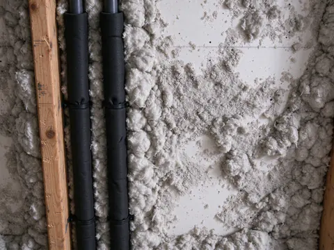 New red and blue PEX supply lines running along ceiling joists in the attic of a single-story Austin house, wrapped in foam insulation