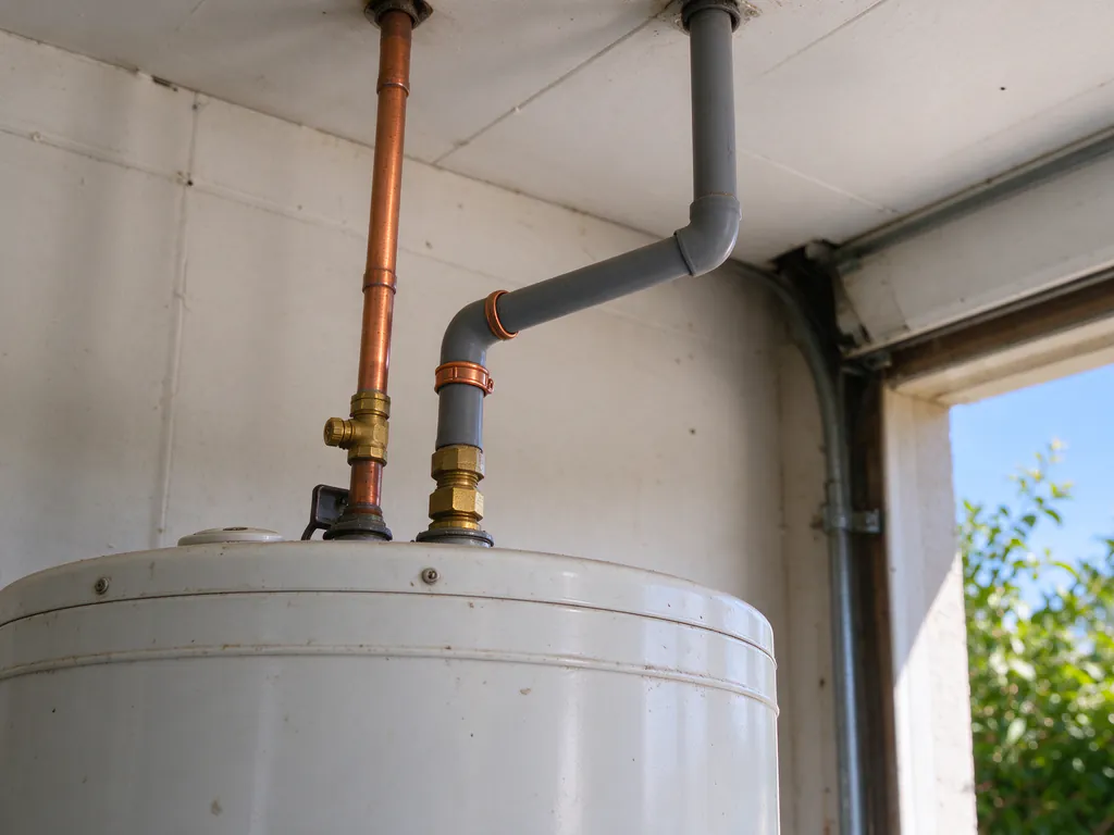 Two water lines on top of a tank water heater in an Austin garage, one copper and one gray polybutylene pipe fastened with a copper crimp-ring fitting