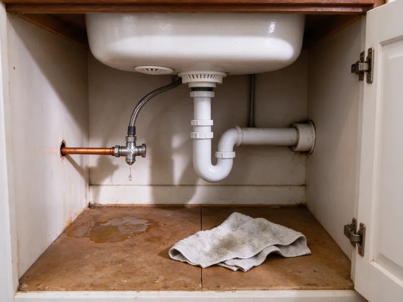 Water dripping from the supply valve on a copper line inside a kitchen sink cabinet in an Austin house, with a puddle and a towel on the cabinet floor