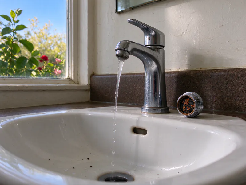 A weak faucet stream and an aerator clogged with rust flakes from galvanized pipe in an older central Austin bathroom
